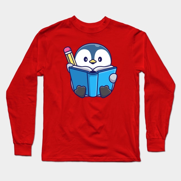 Cute Penguin Writing With Book And Pencil Cartoon Long Sleeve T-Shirt by Catalyst Labs